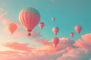 Set of hot air balloons floating in a pastel sky, designed with minimalist aesthetics, each balloon a vibrant testament to adventure and freedom, set against a serene backdrop
