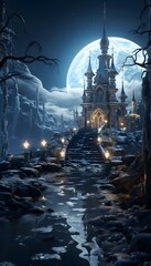 Halloween background with spooky castle and full moon. 3d rendering