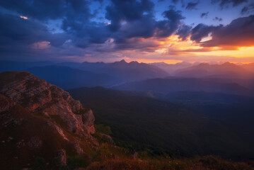 Sunrise over caucasus mountain range in Georgia