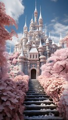 Magic kingdom castle in a spring day. Magical castle with pink cherry blossoms
