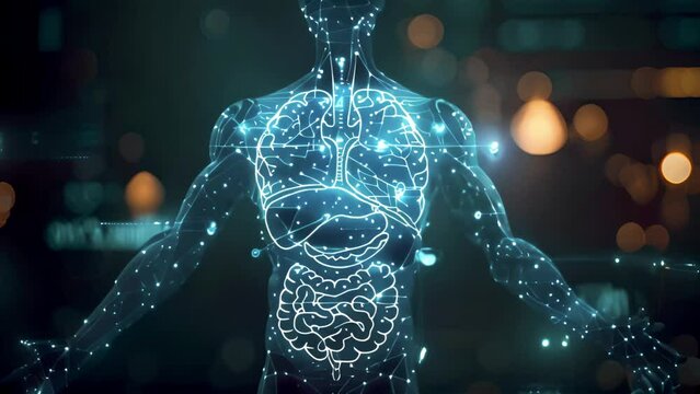 X ray heart,organs anatomy. graphic of man&rsquo;s body x-ray with digital science interface of skeleton and bones scan for biological infographics. Medical 4k video. blue effect