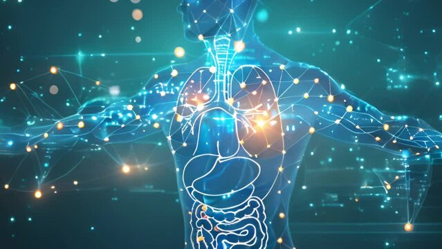 X ray heart,organs anatomy. graphic of man&rsquo;s body x-ray with digital science interface of skeleton and bones scan for biological infographics. Medical 4k video. blue effect