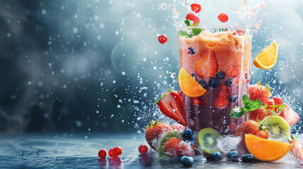 fruits falling into a glass with a smoothie in it