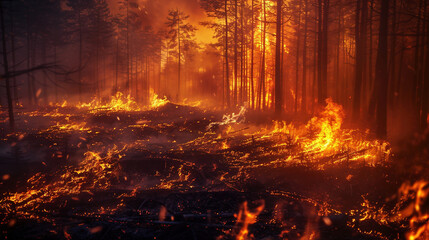 wildfire, Heatwave causes forest burning rapidly and destroyed, silhouette, natural calamity, - obrazy, fototapety, plakaty