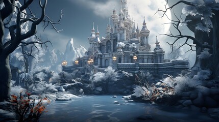 Hindu temple in the winter forest. Panoramic image.
