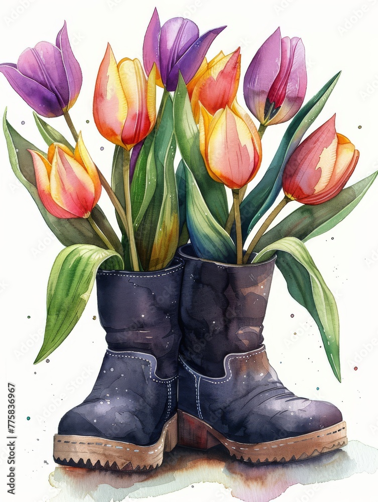 Wall mural a painting of a pair of boots with tulips