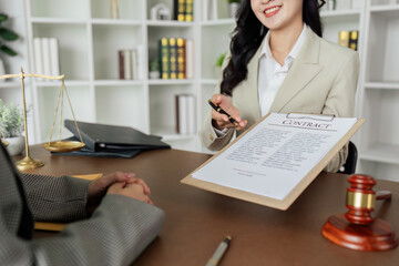 Lawyers provide advice to client are business partner. Lawyer working with client discussing contract document in office, consulting to help customer