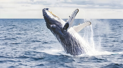 Elegant humpback whale breaching spectacularly against a backdrop of blue ocean


