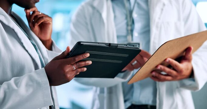 Hands, coworker and tablet for lab results or report with research as healthcare worker. Closeup, doctors and browse website with clipboard for information or treatment guideline and database access