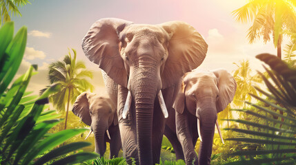 Enormous elephant family marching through the lush greenery of the jungle


 - obrazy, fototapety, plakaty