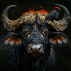An Majestic African buffalo with a red-billed starling on its horns on black background.

