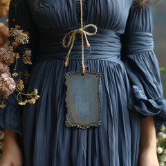 Blue Tag on black dress. Cloth label tag blank mockup

