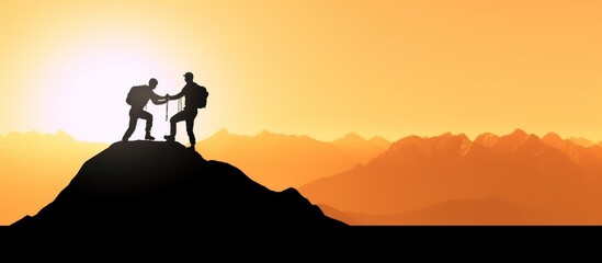 Silhouettes of two people climbing on mountain and helping. - obrazy, fototapety, plakaty