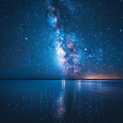 Milky Way over the sea. Beautiful night panoramic landscape of nature, Shining stars of the night...