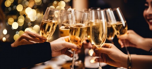 Friends toasting with champagne at festive celebration. Social gathering and celebration. - obrazy, fototapety, plakaty