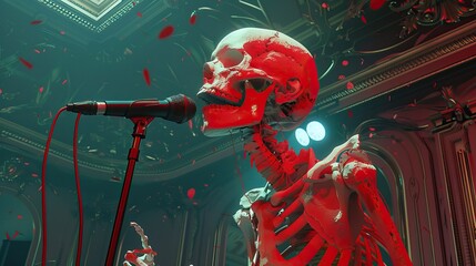 Skeleton with a microphone and stage