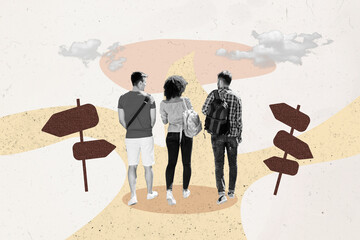 Trend artwork composite sketch image 3D photo collage of black white three friends stand on road...
