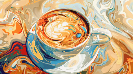 Abstract coffee cup with milk, view above, liquid fluid fancy marble background, coffee and milk in abstractionism style