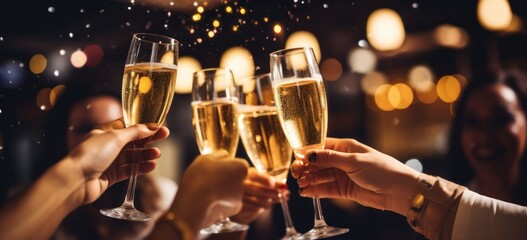 Joyful multiracial friends raise sparkling wine glasses in a heartwarming toast, surrounded by golden bokeh lights.