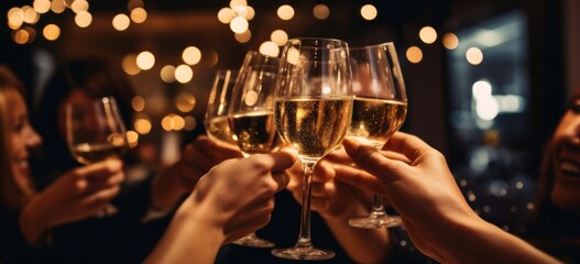 Friends toasting with sparkling wine at festive event. Celebration and party. - obrazy, fototapety, plakaty