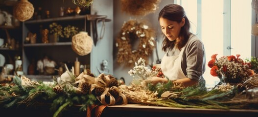 Florist woman preparing flower arrangements in workshop. Small business and craftsmanship. - obrazy, fototapety, plakaty