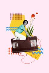Creative poster collage of pretty female ride fly cassette tape recorder listen music have fun...