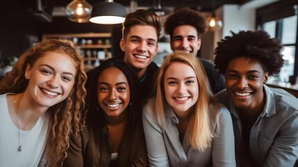 Fototapeta premium Multicultural happy people taking group selfie portrait in the office, diverse people celebrating together, Happy lifestyle and teamwork concept