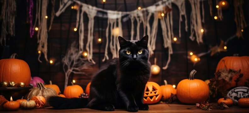 Black cat sitting among pumpkins and Halloween decorations. Halloween celebration.