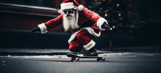 Contemporary depiction of Santa Claus on a skateboard, celebrating Christmas.