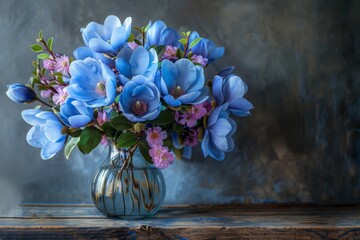 Blue magnolias in a vase evoke elegance