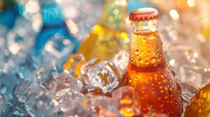 Cool beverage bottles nestled among refreshing ice cubes