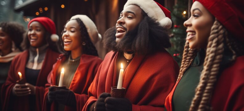 Joyful group of friends at Christmas caroling event outdoors. Holiday celebration and traditions.