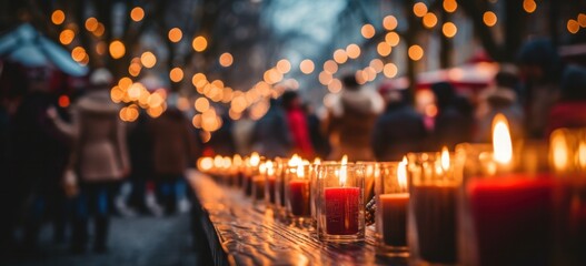 Candles at festive outdoor market with warm light bokeh. Holiday atmosphere and decoration.