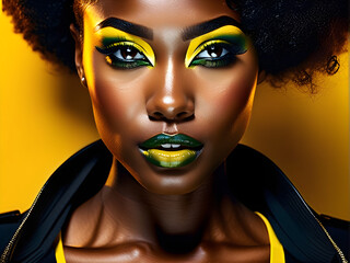 Radiant Black Goddesses on Yellow Background(Generative AI) - obrazy, fototapety, plakaty