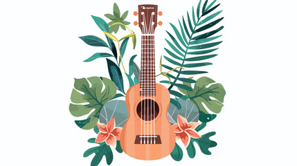 Ukulele and tropical leafs. fourstring guitar hand d