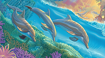 Playful dolphins leaping gracefully out of the sparkling ocean waves


