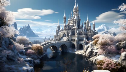 Naklejka premium Beautiful fantasy landscape with fantasy castle, river and mountains. Panorama