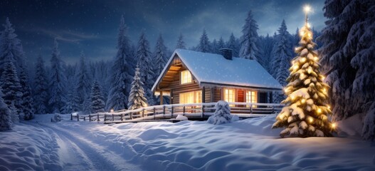 Fototapeta premium Cozy winter cabin with festive lighting surrounded by snowy forest. Seasonal celebration and home warmth.
