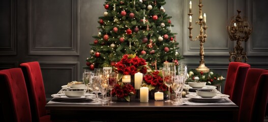 Festive holiday dinner table with a beautifully decorated Christmas tree as a centerpiece.