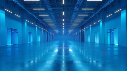 Minimalist warehouse interior with a cool blue ambiance