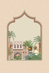 Traditional Arabian landscape with palm tree illustration frame