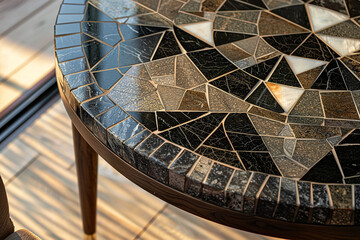 An artisan-crafted mosaic side table, each piece arranged to create a stunning pattern.