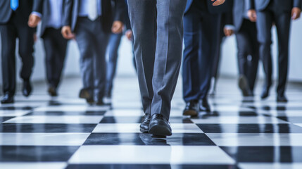 Leadership in Action: Businessmen Leading Forward in Blue Suits on Checkered Floor