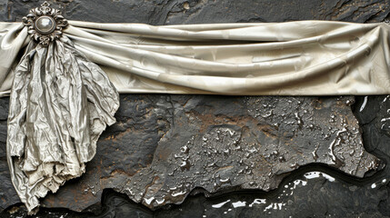 A white curtain is draped over a rock. The curtain is decorated with a gold flower. The rock is wet and has a shiny surface