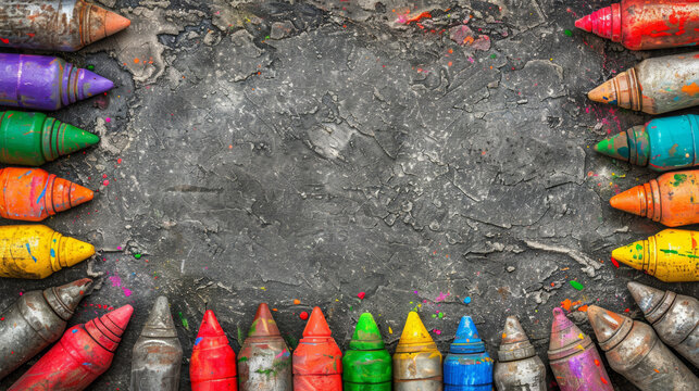 A row of crayons are scattered across a gray surface. The crayons are of various colors and sizes, creating a vibrant and playful scene. Concept of creativity and imagination
