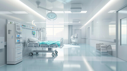 Modern Medical Room. A clean, well-equipped hospital room with a bed, medical equipment, and bright lighting.