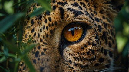 Nature's Portrait Panthera pardus Eye Amidst Lush Foliage - obrazy, fototapety, plakaty