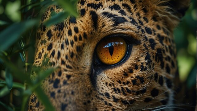Nature's Portrait Panthera pardus Eye Amidst Lush Foliage