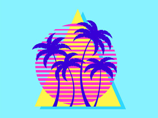 Fototapeta na wymiar Retro futuristic sunset with palm trees and triangle in 80s style. Sci-fi palm trees at sunset in synthwave and retrowave style. Design for print, banners and posters. Vector illustration