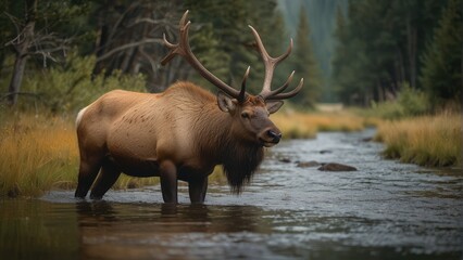 Fototapeta na wymiar Nature's Elegance Bull Elk Gracefully Crossing the Stream
